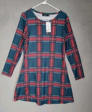 Mirol Womens Plaid Color Block Casual Long Sleeve Swing Dress Medium